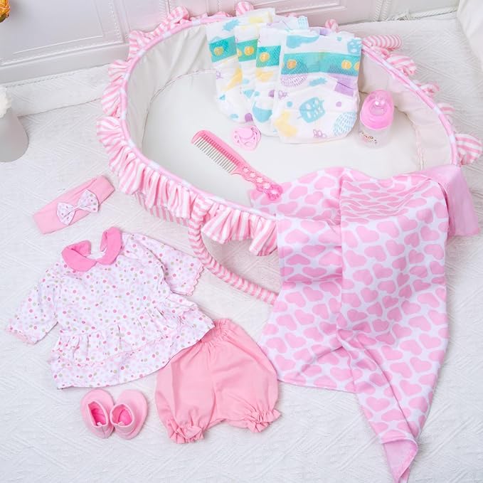 10 Pcs Reborn Baby Doll Clothes Pink Outfit Accessories for 16-18 Inch Reborn Dolls Newborn Baby Girl Clothes Set with Bassinet
