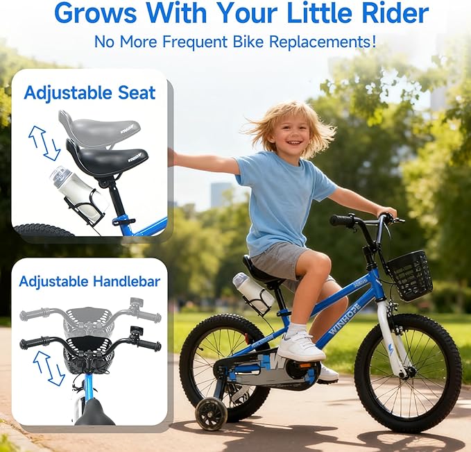 WinHope Kids Bike, 12-18 Inch Toddler Bicycle with Removable Training Wheels and Dual Brakes, Children Bike for Beginner with Adjustable Seat and Headlebar for 2-9 Years Boys Girls, Multiple Colors