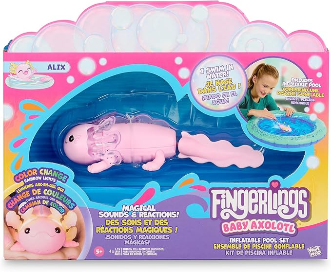 Fingerlings Interactive Baby Axolotl with Inflatable Pool, Alix, Swims and Lights Up in Water, Rainbow Lights Tell Your Mood (Ages 5+)
