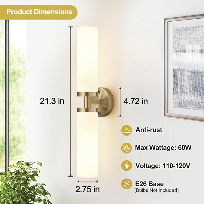 Indoi Wall Sconces Set of Two, Hardwired Brass Bathroom Sconces Wall Lighting with Milky White Glass, Modern Sconces Wall Decor Set of 2 Bathroom Light fixtures for Mirror Living Room Hallway Bedroom