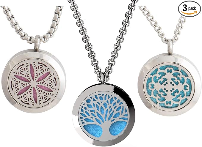 Wild Essentials Tree of Life, Flower of Life and Cross Essential Oil Diffuser Necklace Stainless Steel Locket Pendants with 24 inch Chains and 36 Refill Pads