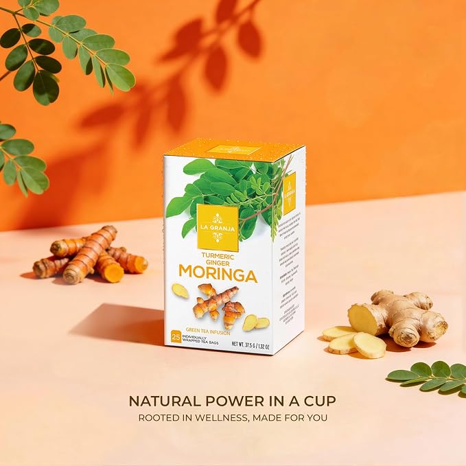 Life Plus Style Gourmet La Granja Turmeric Ginger Moringa Tea 25 Individually Wrapped Tea Bags Green Tea with Moringa Turmeric and Spearmint Ginger Herbal Blend for Women Men