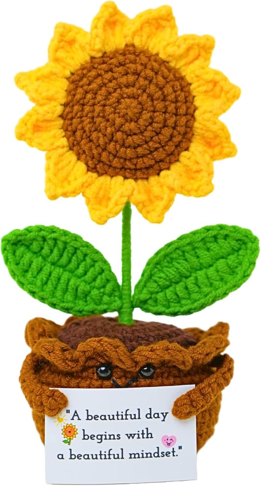 Handmade Sunflower Crochet Plush with Encouragement Card – Emotional Support & Appreciation Present for Women, Coworker, Teacher – Positive Office Desk Decoration, Thank You Gifts
