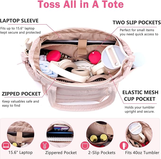 Yoga Tote Bag for Women with Yoga Mat Holder & Luggage Sleeve, Large Pilates Gym Bag with 16" Laptop Compartment, Lightweight Puffer Quilted Travel Tote with Water Bottle Pockets for Work