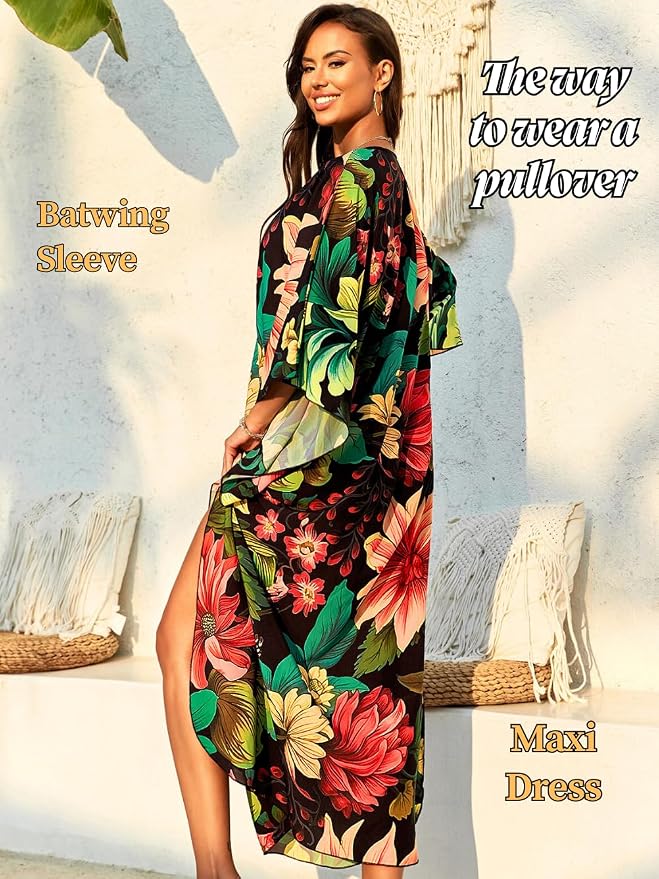ChiaoLezhee Print Moo-Moos for Women, Kaftan Cover-Up Dresses, Sexy V-Neck High-Slit, Beach Pool-Party Coverups Muumuu Plus