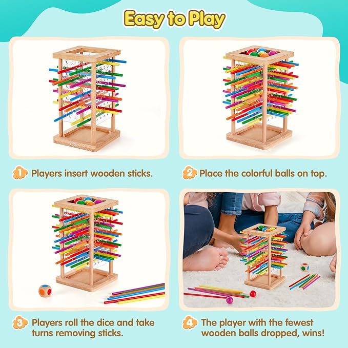 Montessori Game Wooden Board Game, 48 Colorful Sticks Dice Game for 3 4 5 6 Year Old, Montessori Toys for Kids Math Educational Toys for 3 Years Old, Fine Motor Skills Toy Family Travel Game Gifts