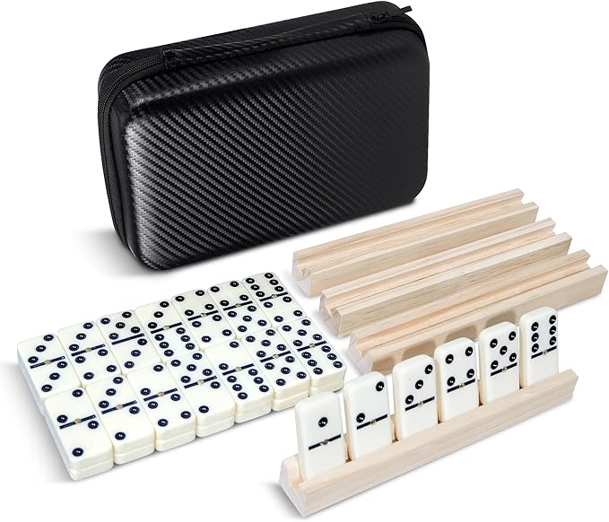 MeetYr Life Dominos Set for Adults 28 Dominos with 4 Wooden Trays, Double 6 Dominoes Trave l Case Game for Family & Parties (D6-White)