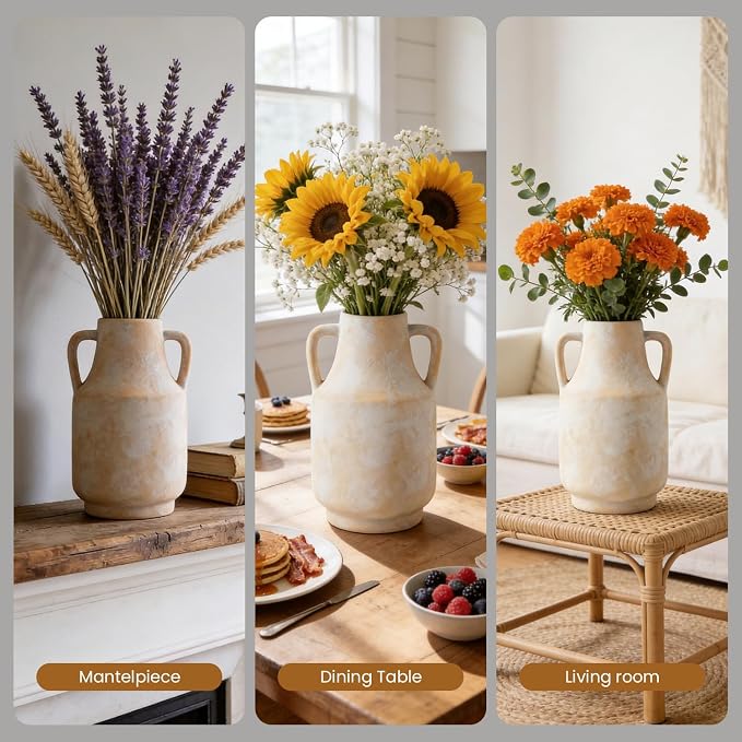 Ceramic Flower Vase, 10.6" Rustic Farmhouse Decorative Vase, Wide Ceramic Pottery Vase for Fresh Flowers, Pampas Grass, Living Room, Fireplace Mantel, Table and Shelf Decor