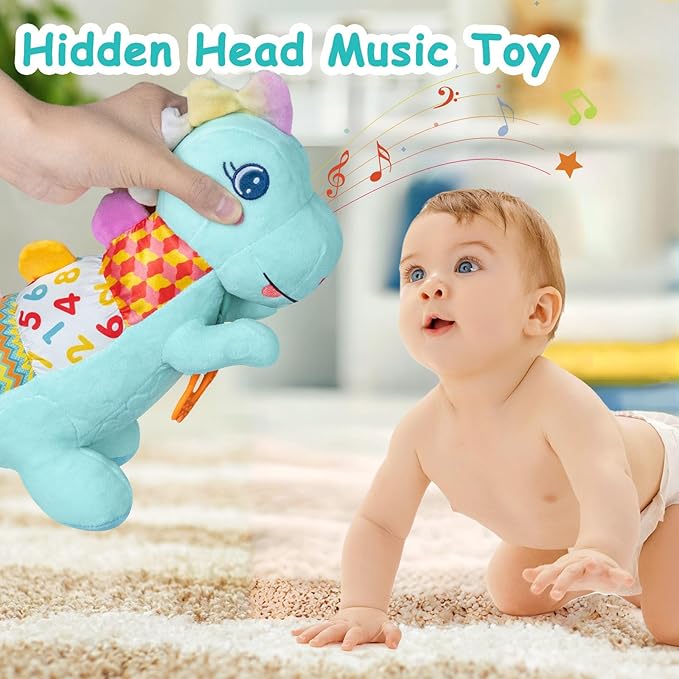 Baby Dino Plush Soft Stuffed Animal Toy for 0-3-6-12+ Months,Infant Musical Toy with Rattle,Squeaker,Sensory Crinkle,Teether & Textures,Tummy Time Toys Christmas Baby Gift for Newborn Girl Boy (Blue)