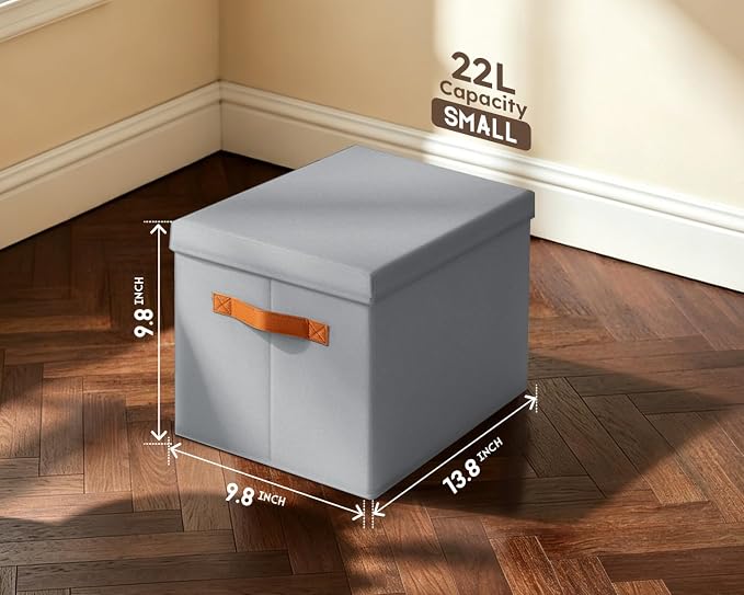 Storage Bins with Lids - Fabric Storage Baskets for Shelves, 4 Pack Foldable Decorative Boxes with Handles, Stackable Organizer Bins for Home, Nursery, Dorm, Grey