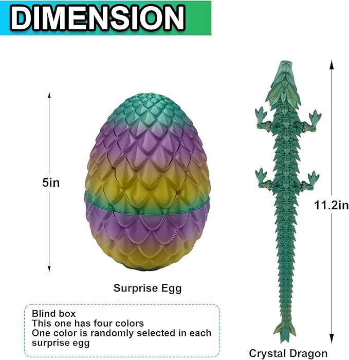 3D Printed Dragon Egg with Articulated Dragon Inside, Fidget Toys for Adults Stress Relief, Unique Home Office Desk Decor Crystal Easter Basket Stuffers (Random)