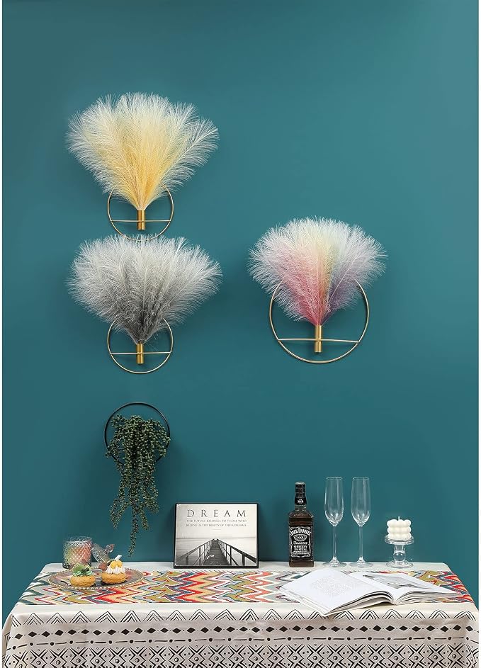 Pretty Jolly Boho Pampas Wall Decor Gold Metal Wall-Mounted Art | Morden Artificial Greenery Display，2 Pack Gray Hanging Planter For Living Room, Bedroom, Bathroom, Dining room