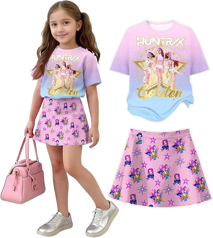 HTHLVMD K Pop Short Sleeve T-Shirt and Skirts Outfits Set for Girls Hunters Rumi Mira Zoey Graphic Tees De-Mon Costume
