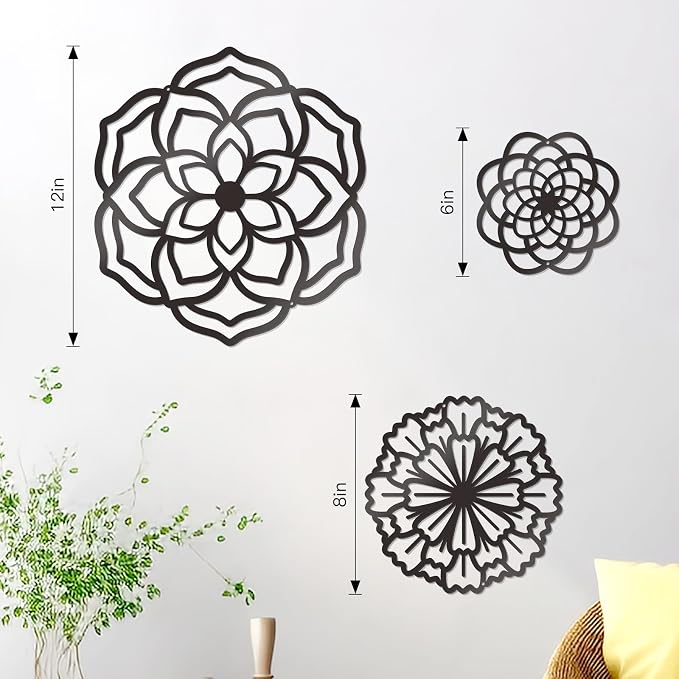Zzbakress 3 Pcs Metal Flowers Wall Decor Black Wall Decoration Metal Flower Art Farmhouse Wall Decor Multiple Flowers Hanging Decor for Bathroom Living Room Kitchen Garden Office (Black Retro) | Farmhouse Flower Bathroom Decor Wall Decorations For Bath...