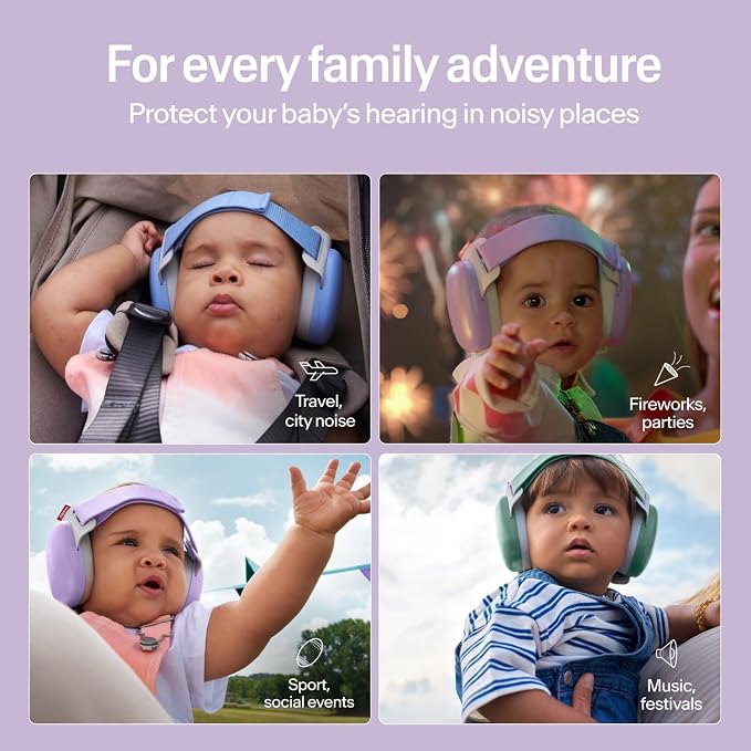 Alpine Muffy Baby Comfort - Protects Hearing for Babies and Toddlers - CE & ANSI Certified - Headband for Safe fit & Comfort - Adjustable for Ages 3-48 Months - 24dB Sound Reduction, Purple