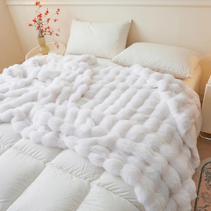 LIFEREVO Luxury Fluffy Faux Rabbit Fur Throw Blanket 50x60, White | Plush Shaggy Bubble Blanket for Bed Couch Sofa Office, Decorative Soft Cute Furry Lap Throw for Kids Teens Adults, Washable