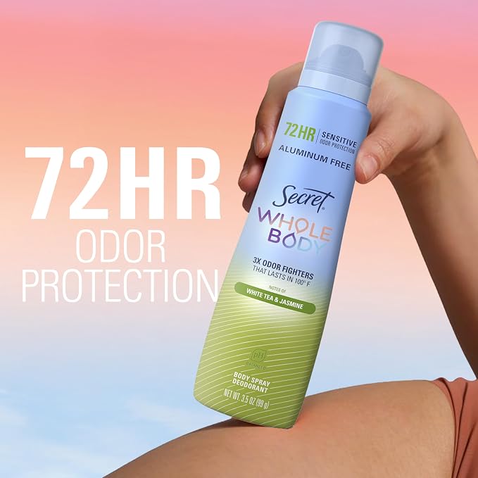 Secret Whole Body Deodorant for Women, Spray White Tea & Jasmine Scent, Aluminum Free Deodorant Spray, 72 HR Odor Protection, 3.5 oz