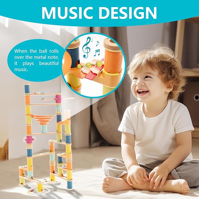 Marble Runs Building Toy 146pcs, Bamboo Construction Toy Set with Ball, Simple Maze Toy with Music Suitable for Age 4+ Children