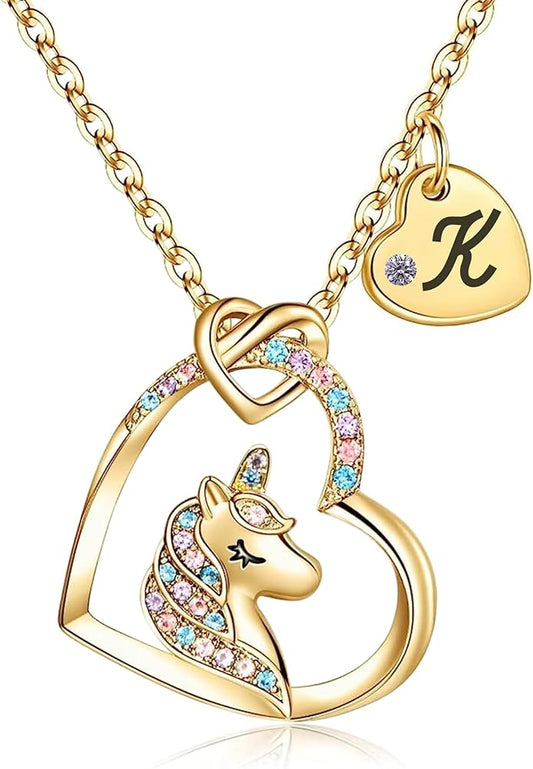 Valentines Day Gifts for Kids Girls - Unicorn Necklace for Girls with Initial Heart Pendant & Gift Box, 18K Gold Fashion Kids Jewelry, Colorful Heart Necklace for Birthdays & Costume Parties.