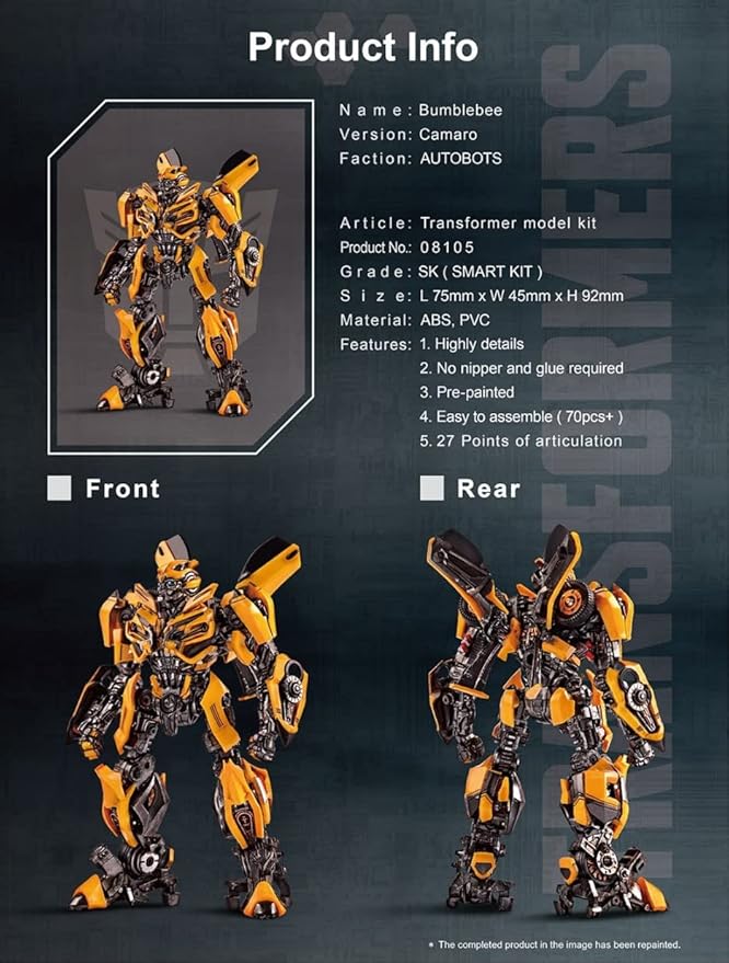 Transformers Bumblebee Camaro Figure Model Kit – Easy to Assemble 3D Articulated Action Pre Painted Collectible Series Toys Hobby 08105
