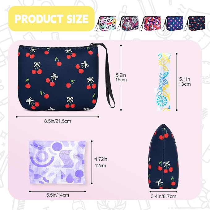 First Period Kit for Girls, Neoprene Cute Sanitary Napkin Storage Bag, Menstrual Pad Bag Tampon Holder for Purse, First Period Gifts for 9-12 (Hearts)