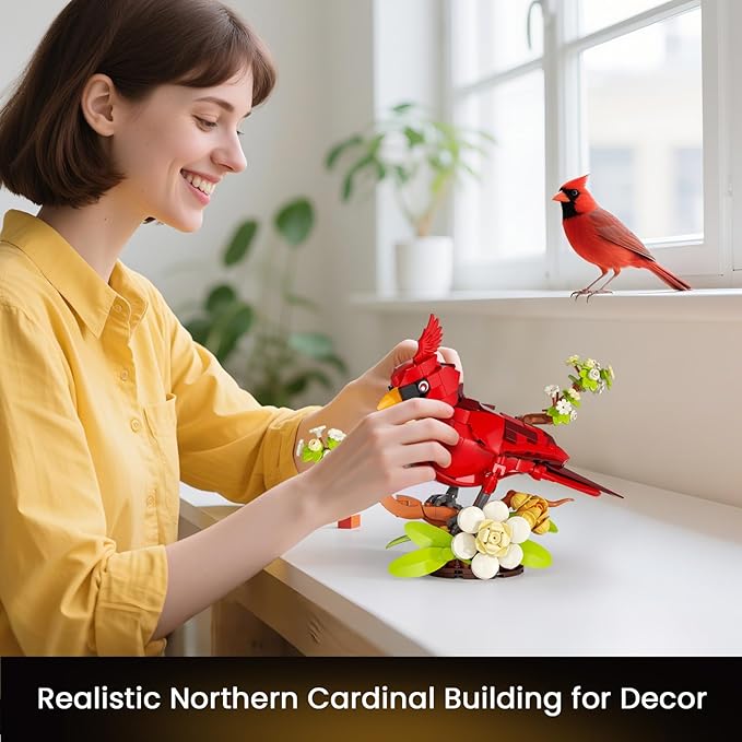 JAKI Northern Cardinal Building Set, Red Birds with Flower Camellia for Adults, Red Cardinal Model for Bird Lovers, Nature Décor Gifts for Display