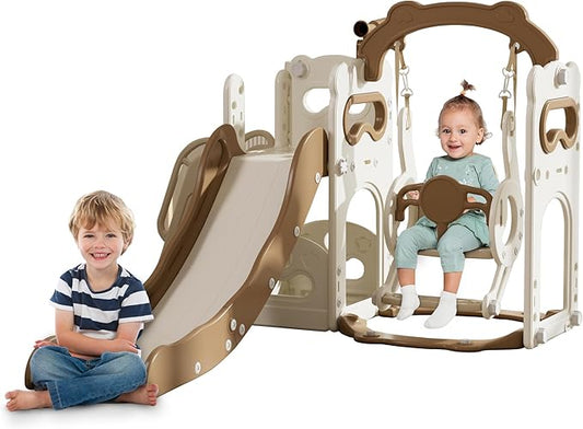 6-in-1 Toddler Slide Playground Set with Swing, Kids Slide with Climber,Basketball Hoop, Telescope and Storage Space, Slide for Toddlers Outdoor & Indoor Playground