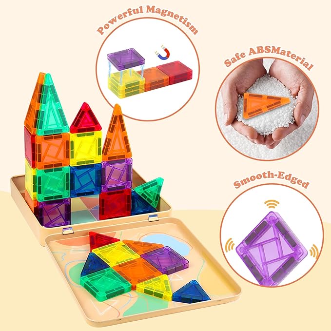 60 PCS Mini Magnetic Tiles, Travel Magnetic Tiles Magnetic Building Blocks with Iron Box, Portable Travel Toys for Kids Ages 4-8, STEM Learning Educational Construction Travel Toys for Toddlers 3-5