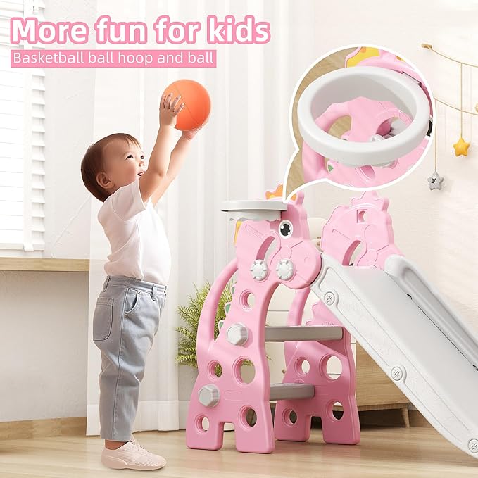 67i 3 in 1 Toddler Slide - 46.8 Inch Long Slide, 10-Min Easy Assembly, Foldable Anti-Tip Stable, Small Indoor Mini Slide for Toddlers 1-3, Baby Inside Slide Resbaladilla Indoor Outdoor Gift (Pink)