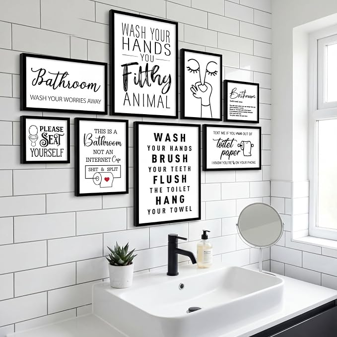Faccito 8 Set Bathroom Wall Decor Funny Blacl and White Quotes Bathroom Wall Art Interesting Bad Smell Humorous Toilet Wooden Decoration Fun Wallart Signs Toilet Decor for Washroom