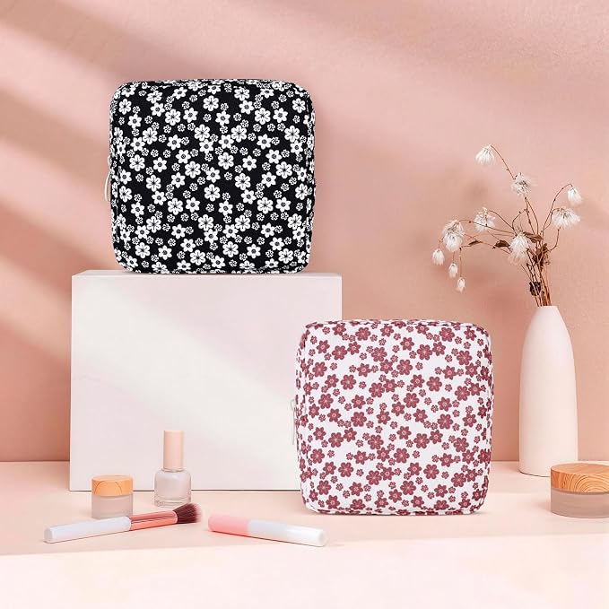 Floral Sanitary Pad Pouch Canvas Period Pad Bags for Women Pink | Discreet, Portable, Menstrual Cup and Sanitary Napkin Storage, First Period Kit Storage, Tampon Bag