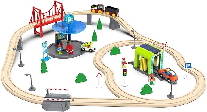 Wooden Train Accessories Car Washer for Railroad Train Track, Train Toys Accessory Compatible with All Major Brands of Train Set System, Railway Tracks Station for Kids Ages 3 and Up.
