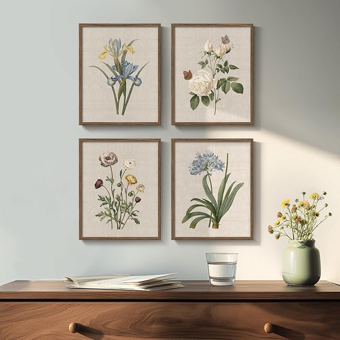 Framed Vintage Floral Botanical Wall Art for Bathroom, 4 Piece 8x10 In | Farmhouse wall decor, Flower pictures, Rustic retro paintings, Ready to hang canvas prints, Kitchen bedroom home decor
