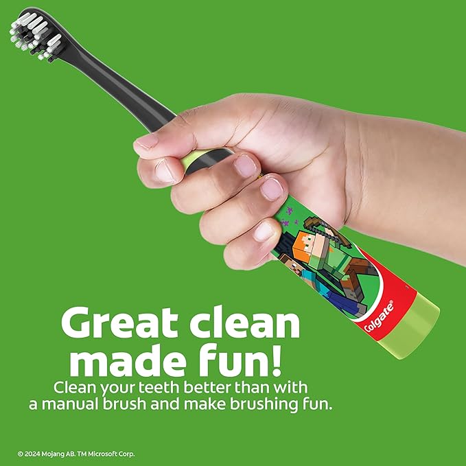 Colgate Kids Battery Powered Minecraft Toothbrush, Extra Soft Kids Battery Toothbrush with 1 AA Battery Included, Made for Ages 3 and Up, Features Easy On and Off Switch, Flat Lay Handle, 1 Count
