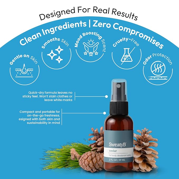 SweatyB® Full Body Deodorant Spray - Non-Irritant, Sensitive Skin-Friendly Spray for Women & Men - Made in USA - Cedar - 2 oz - 1 pack