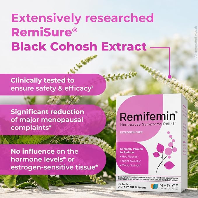 Remifemin Menopause Symptoms Relief - Clinically Proven Ingredients - Menopause Supplements - Black Cohosh - Estrogen-Free - Made in Germany - 60 Tablets