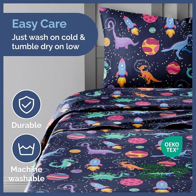 Kids Twin Size Bed Sheet Set - 3 Piece Kids Loft Bed Sheets - Space Dinosaur Themed Bedding - Soft, Cute - Breathable and Machine Washable - Colorful Dino Bed Set for Boys, Girls, Teens and Toddlers