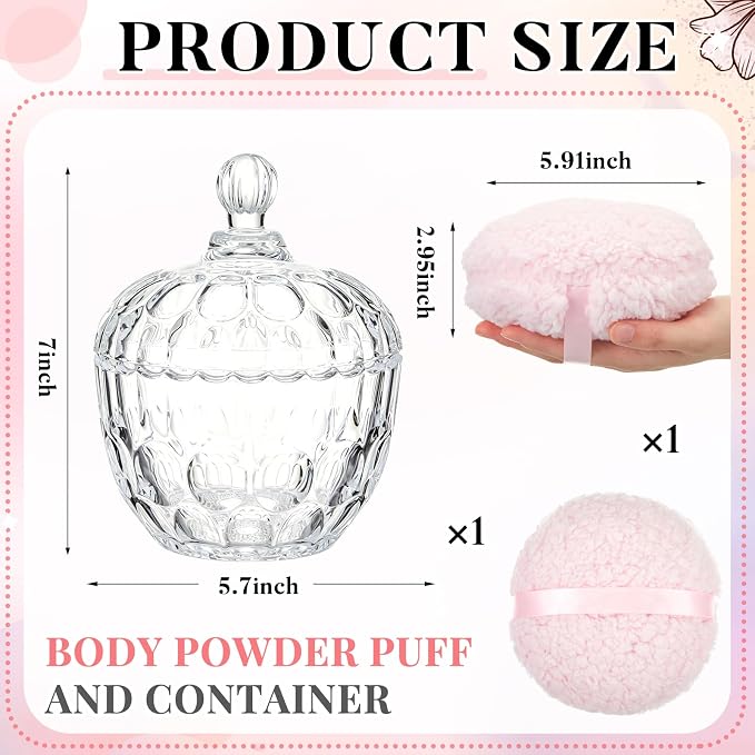 Tioncy 2 Pcs Extra Large Dusting Powder Puff and Container for Women-6'' Glass Crystal Dusting Powder Container Soft Washable Reusable Velour Face(Clear,Apple)