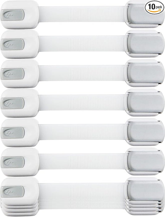 Child Safety Strap Locks (10 Pack) Baby Locks for Cabinets and Drawers, Toilet, Fridge & More. 3M Adhesive Pads. Easy Installation, No Drilling Required, White/Gray