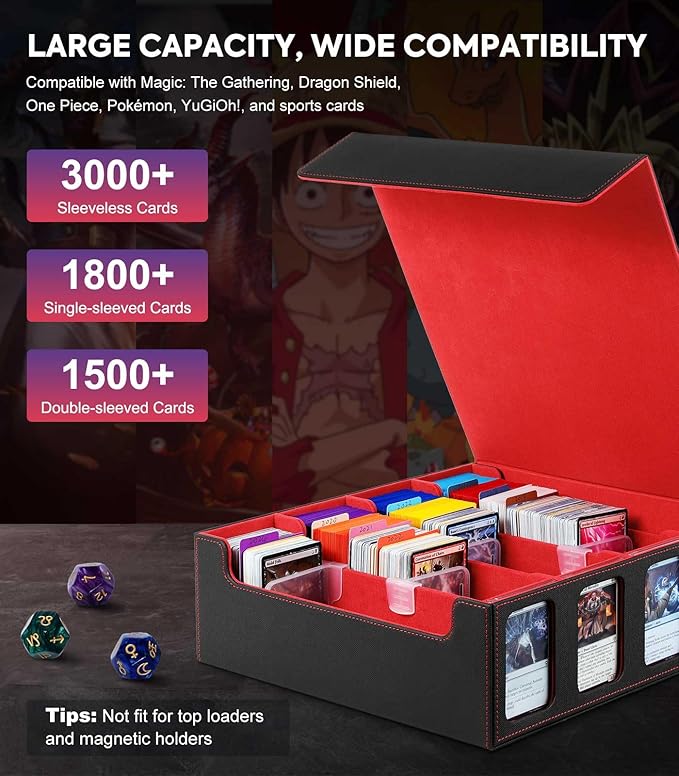 MoKo Card Storage Box for Trading Cards, 3000+ MTG Deck Box with 24 Colorful Dividers & 4 Card Supporters, Commander Card Deck Case with Display Window, Fits for Magic Game Cards, YugiOh, Black Red