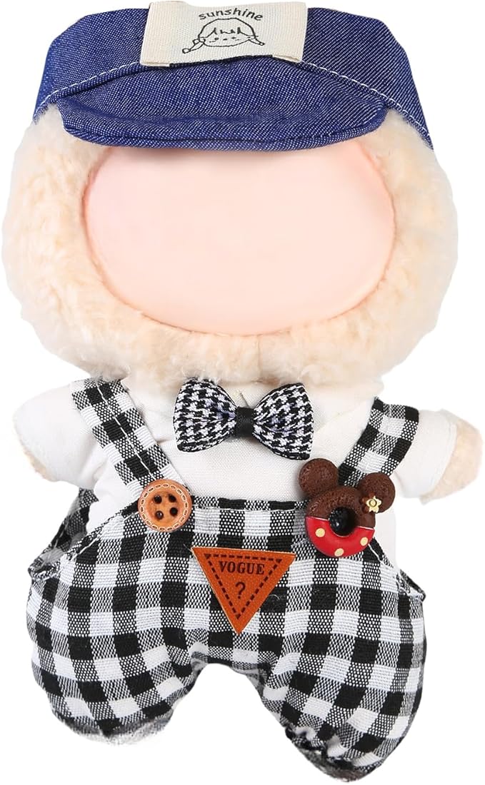 17cm Doll Clothes Set (No Doll) – Outfit with Hat & Overalls, Handmade Accessories for Mini Dolls, OB11-Compatible Dress-Up Gift (Blue Hat)