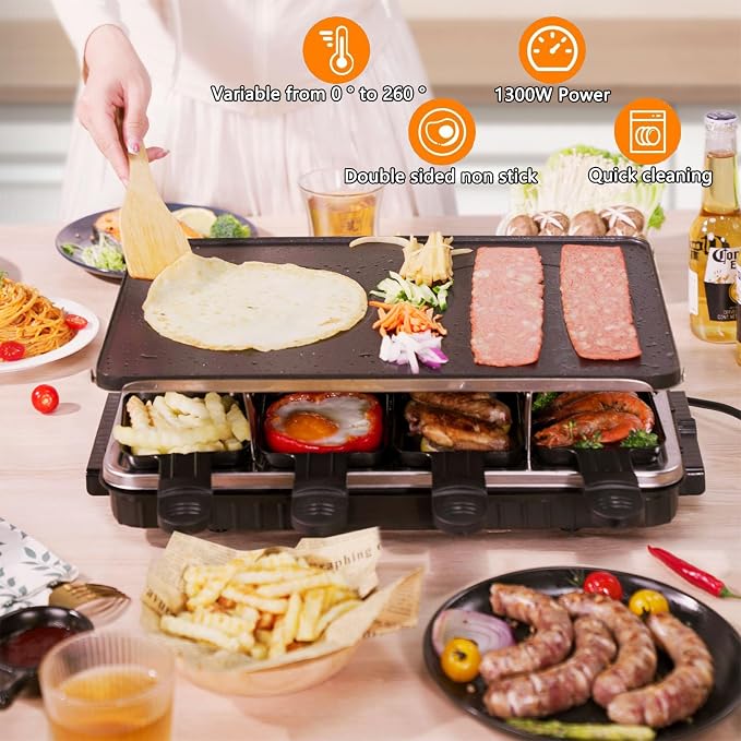 Raclette Table Grill, Electric Korean BBQ Grill, 2-in-1 Nonstick Electric Griddle with 8 Raclette Cheese Pans, Adjustable Temperature Control, 1300W, Ideal for Family and Party Fun