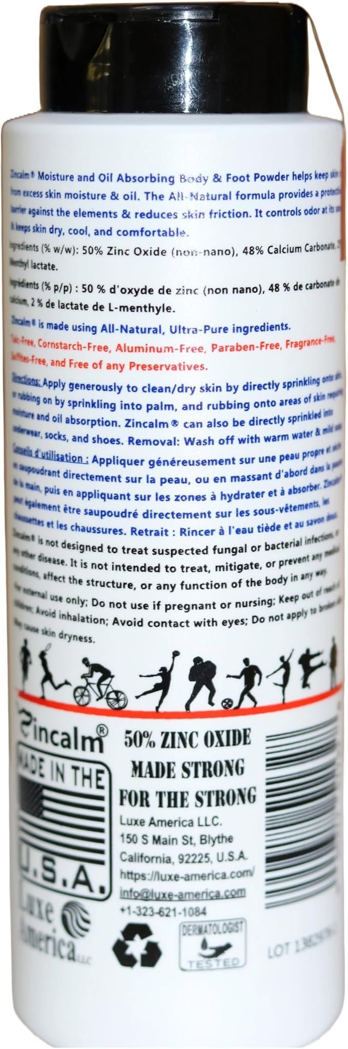 Zincalm All-Natural Body & Foot Powder, Concentrated 50% Zinc, Cornstarch-Free Moisture/Odor Absorbing Anti-Chafing/Friction, Itch Relief Formula for Dry/Cool Skin with Ultra-Pure Calcium & Menthol