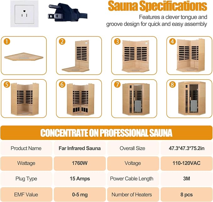 2 Person Infrared Sauna 0-5mG Ultra Low EMF Infrared Sauna Far Infrared Sauna Canadian Hemlock Indoor Corner Sauna with Front Door Heating Panel, Chromotherapy Light