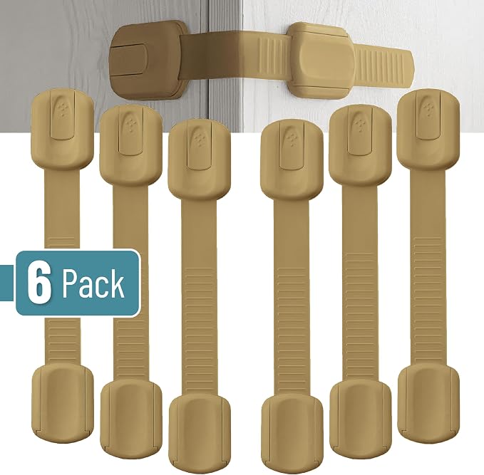 Bate- Child Safety Strap Locks, 6 Pack, Golden Beige, Baby Locks for Cabinets, Drawers, Kitchen, Toilet, Furniture, Fridge, Multi-Purpose, Easy Install with Quick 3M Adhesive for Childproofing