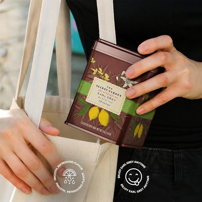 Life Plus Style Gourmet The Secret Garden Decaffeinated Earl Grey Black Tea 50 Premium Tea Bags Natural Bergamot Citrus Flavored Non GMO Gluten Free Hot or Iced Tea Gift Tin