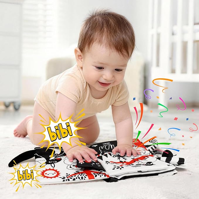 OKOOKO Soft Baby Book Black and White High Contrast Animals Tails Book Bath Toy Montessori Sensory Stroller Toy Non-Toxic Crinkle Washable Early Education for Baby Infant Toddler