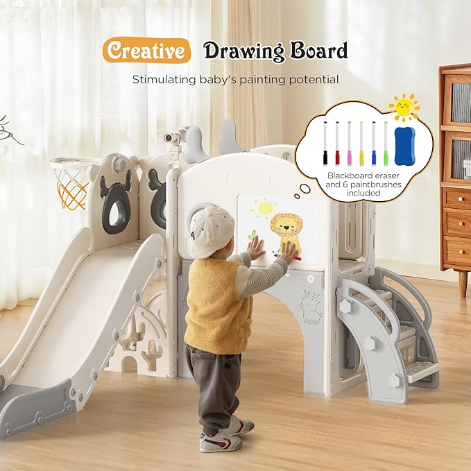 Toddler Slide, 11 in 1 Toddlers Playset New Upgrade with Kids Slide, Drawing Board, Golf Set, Basketball Hoop and Storage Space for Toddler Age 1-3, Backyard Playground Indoor and Outdoor
