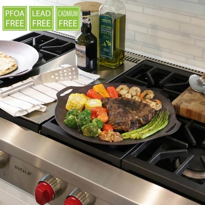 TECHEF - 14-inch Nonstick Round Griddle Grill Pan for Korean BBQ/Teppanyaki Pan, Tawa, Roti Pan/Induction Ready/Made in Korea (Griddle with Rack)