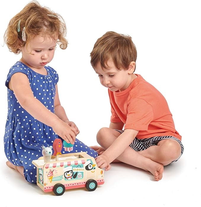 Tender Leaf Toys - Penguin’s Gelato Van - Food Truck Style Pretend Play, Ice Cream and Ice Lolly Wooden Vehicle - Encourage Role Play and Develops Social Skills for Children - Age 18m+